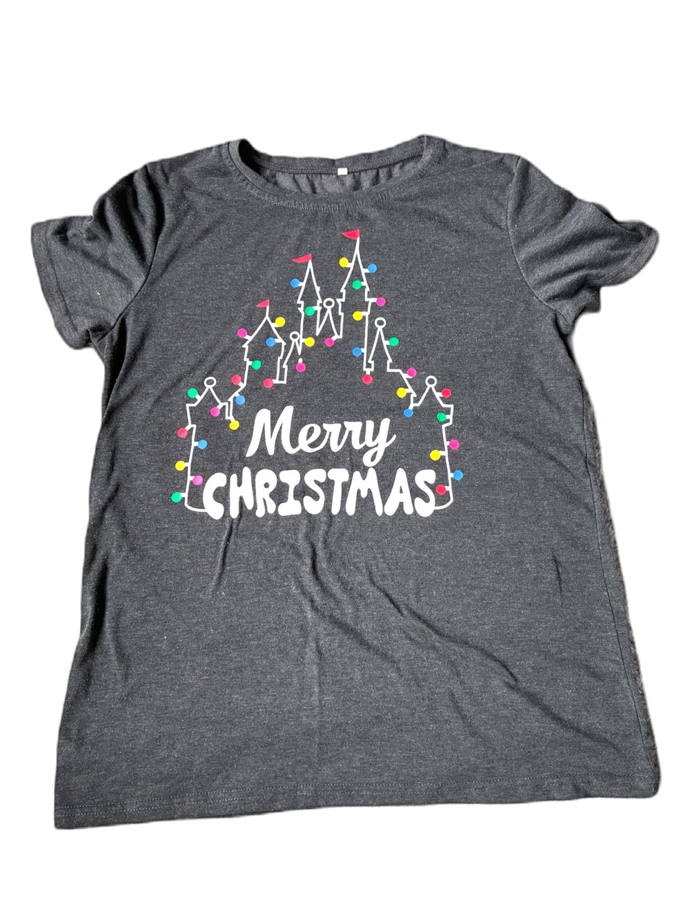 🎇🎆3for$9 Womens Merry Christmas Disney Castle Graphic Tee - Dark Gray